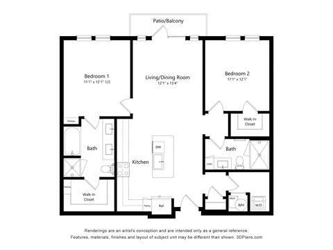 Floor plan for 2 beds, 2 baths, 1082 sqft